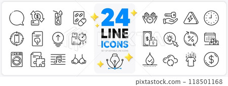 Icons set of Capsule pill, Thumb down and Waterproof line icons pack for app with Strategy, Bra, Swipe up thin outline icon. Dollar money, Private payment, Smartphone target pictogram. Vector Icons set of Capsule pill, Thumb down and Waterproof line icons pack for app with Strategy, Bra, Swipe up thin outline icon. Dollar money, Private payment, Smartphone target pictogram. Vector 118501168