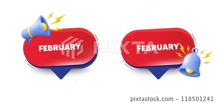February month icon. Speech bubbles with 3d bell, megaphone. Event schedule Feb date. Meeting appointment planner. February chat speech message. Red offer talk box. Vector February month icon. Speech bubbles with 3d bell, megaphone. Event schedule Feb date. Meeting appointment planner. February chat speech message. Red offer talk box. Vector 118501241