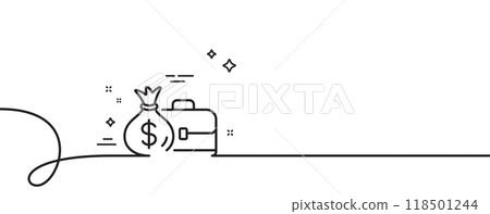 Business case line icon. Continuous one line with curl. Portfolio and Salary symbol. Diplomat with Money bag sign. Salary single outline ribbon. Loop curve pattern. Vector 118501244