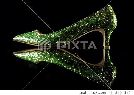 green glittery women's heeled shoes on black background 118501335