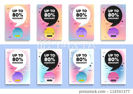 Up to 80 percent discount. Poster frame with quote. Sale offer price sign. Special offer symbol. Save 80 percentages. Discount tag flyer message with comma. Gradient blur background posters. Vector 118501377