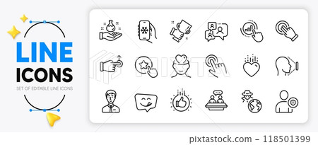 Chemistry lab, Air conditioning and Security line icons set for app include Loyalty star, Graph chart, Face id outline thin icon. Cursor, Employees talk, Like hand pictogram icon. Vector Chemistry lab, Air conditioning and Security line icons set for app include Loyalty star, Graph chart, Face id outline thin icon. Cursor, Employees talk, Like hand pictogram icon. Vector 118501399