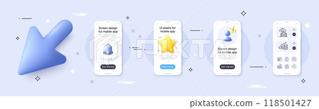 Christmas calendar, Growth chart and Call center line icons pack. Phone screen mockup with 3d cursor. Alert, star and placeholder. Loyalty points, Car insurance, Next web icon. Vector 118501427