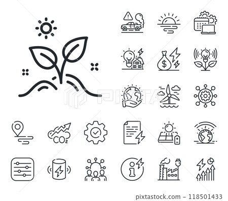 Grow plant leaf sign. Energy, Co2 exhaust and solar panel outline icons. Leaves line icon. Environmental care symbol. Grow plant line sign. Eco electric or wind power icon. Green planet. Vector Grow plant leaf sign. Energy, Co2 exhaust and solar panel outline icons. Leaves line icon. Environmental care symbol. Grow plant line sign. Eco electric or wind power icon. Green planet. Vector 118501433