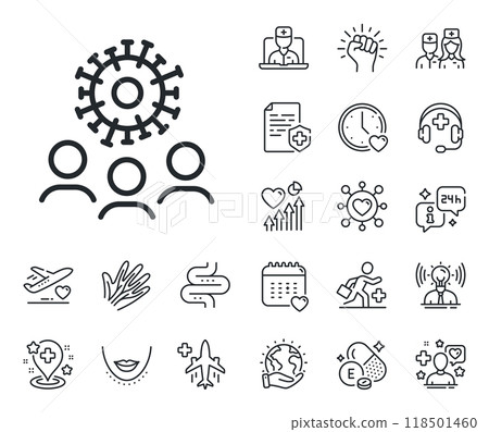 Covid-19 pandemic virus sign. Online doctor, patient and medicine outline icons. Coronavirus line icon. Corona virus symbol. Coronavirus line sign. Veins, nerves and cosmetic procedure icon. Vector 118501460