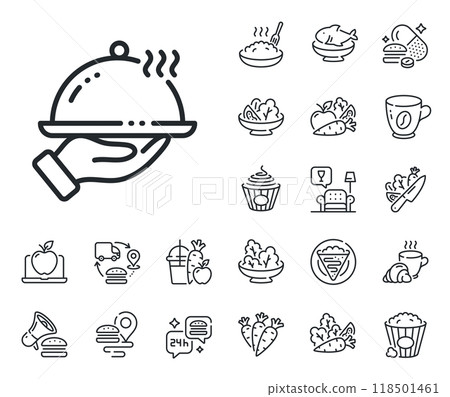 Dinner sign. Crepe, sweet popcorn and salad outline icons. Restaurant food line icon. Hotel room service symbol. Restaurant food line sign. Pasta spaghetti, fresh juice icon. Supply chain. Vector 118501461