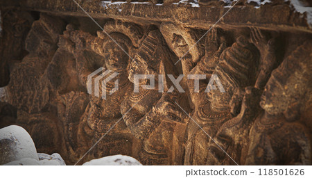 Close-up Details Of Ancient Statue Sheshashayi Or Shesha Also Known Like Sheshanaga Is Serpentine Demigod -naga- And King Of Serpents -nagaraja-. Guiarat, 11th Century Ce 118501626