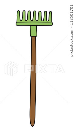 Green garden rake tool, springtime gardening equipment, vector Green garden rake tool, springtime gardening equipment, vector 118501701