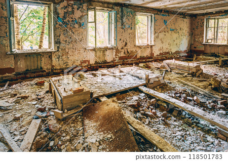 Dilapidated passage in school of Pripyat. Chernobyl Disaster Dilapidated passage in school of Pripyat. Chernobyl Disaster 118501783