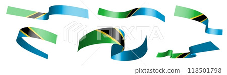 Set of holiday ribbons. Tanzania flag waving in wind. Separation into lower and upper layers. Design element. Vector on white background 118501798
