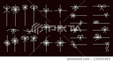 Simple line bow ribbon doodle set. Isolated white line on black background. Vector hand drawings bowknot on string, lines and corners decoration . 118501805
