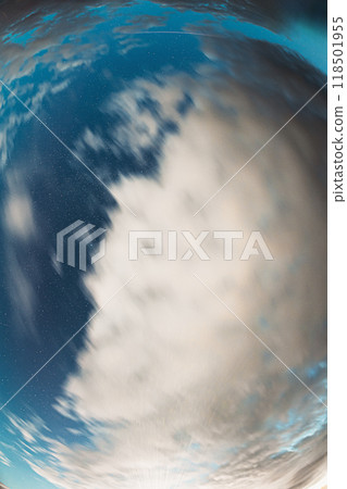 Super fisheye wide angel lens view - Cloudy Night Starry Sky With Glowing Stars. Bright Glow Of Sky Stars And Galaxy. Natural Background Backdrop 118501955