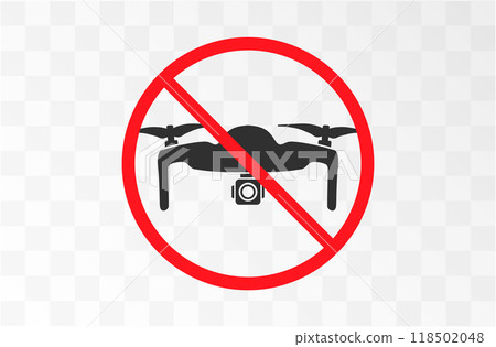 No drone zone sign symbol. No flying drones allowed sign. Forbidden circle, Quadcopter not allowed. No rc helicopter  illustration image. Vector image 118502048