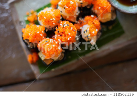 Close up Sushi rolls with Ebiko 118502139
