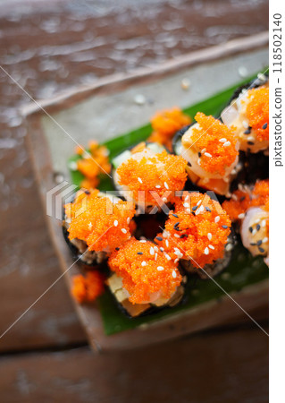 Close up Sushi rolls with Ebiko 118502140