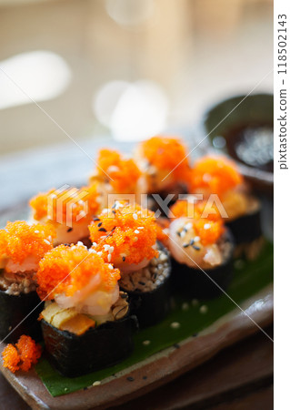 Close up Sushi rolls with Ebiko 118502143