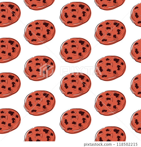 Seamless pattern with chocolate chip cookie on a white background. Flat style design for bakery branding, packaging, textile. 118502215