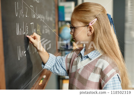 Side view of studious blonde schoolgirl wearing eyeglasses writing on blackboard during lesson at primary school, copy space 118502319