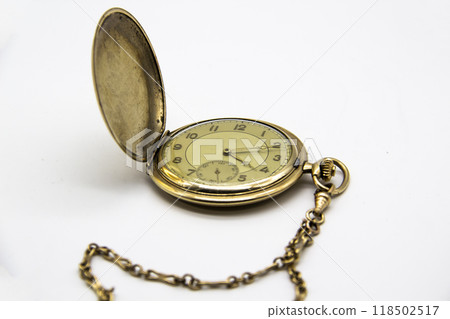 Vintage golden old pocket watch on white background. Vintage golden old pocket watch on white background. 118502517