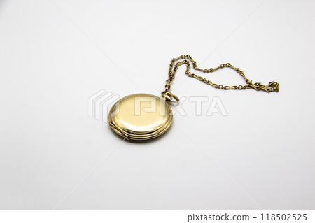 Vintage golden old pocket watch on white background. Vintage golden old pocket watch on white background. 118502525