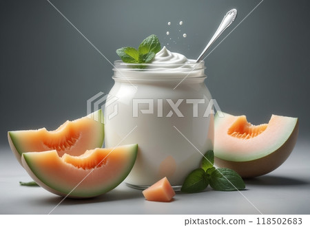 homemade milk yogurt with ripe melon pieces homemade milk yogurt with ripe melon pieces 118502683