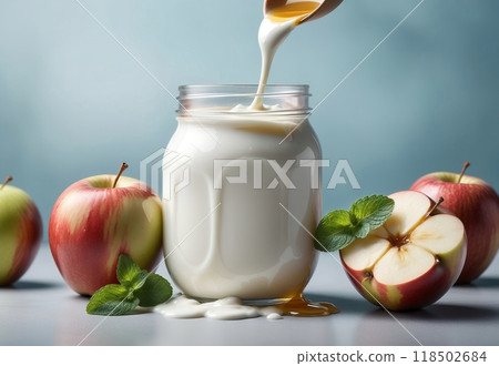 homemade milk yogurt with apple pieces and honey 118502684