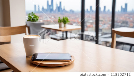 咖啡桌上的咖啡和無線智慧型手機充電器 咖啡桌上的咖啡和無線智慧型手機充電器 118502711