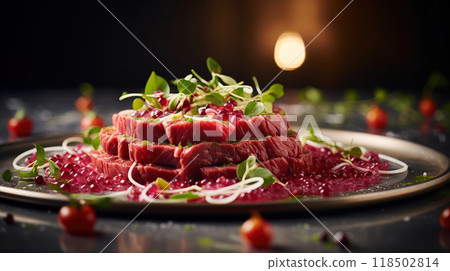 Carpaccio, a Delicate Italian Delight. Carpaccio served lakshari style in the kitchen. A traditional Italian food. Carpaccio, a Delicate Italian Delight. Carpaccio served lakshari style in the kitchen. A traditional Italian food. 118502814