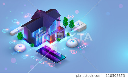 Phone app control Smart home. Smart home technology of house automation system. House standing around phone, wireless connections devices. IOT. Smart home system isometric concept. Internet of things. Phone app control Smart home. Smart home technology of house automation system. House standing around phone, wireless connections devices. IOT. Smart home system isometric concept. Internet of things. 118502853