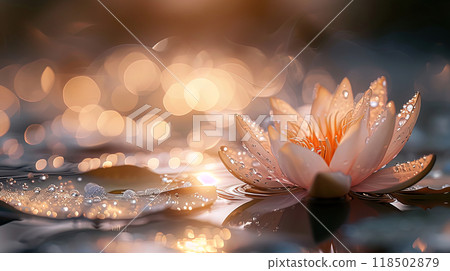 a delicate pink lotus flower, emerging from the still waters of a pond. Tranquil Reflection of a Lotus Bloom a delicate pink lotus flower, emerging from the still waters of a pond. Tranquil Reflection of a Lotus Bloom 118502879
