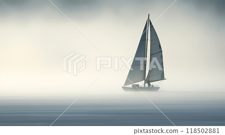The white sail is lonely In the blue sea fog. The white sail is lonely In the blue sea fog. 118502881
