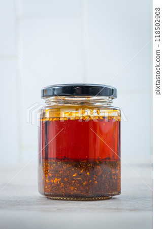 Hong Kong authentic tea restaurant flavor condiment chili oil in glass bottle Hong Kong authentic tea restaurant flavor condiment chili oil in glass bottle 118502908