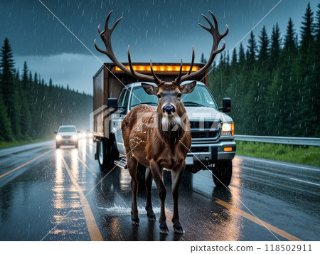 Deer buck entered road right in front of car during the rut in autumn. Deer buck entered road right in front of car during the rut in autumn. 118502911
