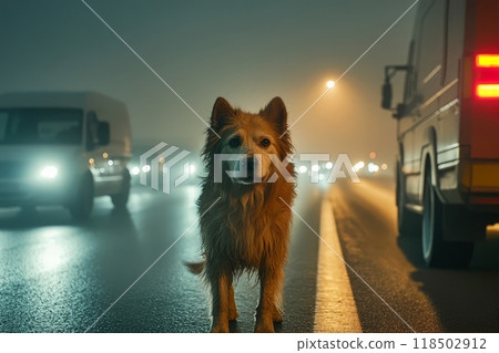 Dog walks along median strip of highway at dusk in heavy fog, in danger of being hit by car. Dog walks along median strip of highway at dusk in heavy fog, in danger of being hit by car. 118502912