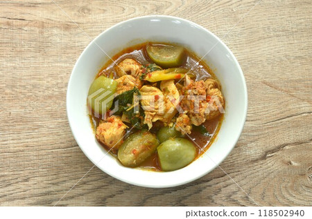 spicy boiled chicken with mixed vegetable in jungle curry soup Thai food in bowl spicy boiled chicken with mixed vegetable in jungle curry soup Thai food in bowl 118502940