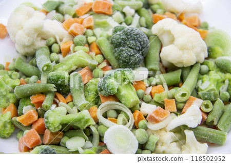 Frozen vegetables: cauliflower, green peas, leeks, broccoli, carrots, green beans on a white plate. Frozen vegetables: cauliflower, green peas, leeks, broccoli, carrots, green beans on a white plate. 118502952