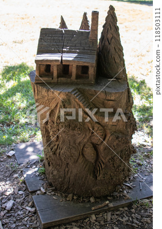 Gnome house statue carved in tree stump at Apple Festival Nebraska City  118503111