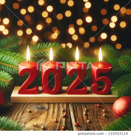Red numbers in the form of candles "2025" on a wooden Christmas background, surrounded by golden bokeh, minimalism 118503114