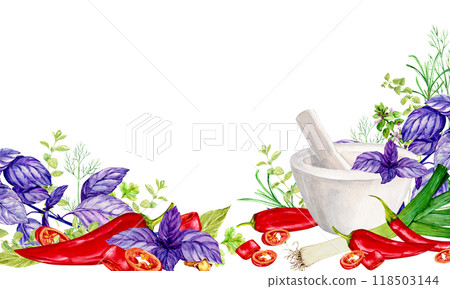 Banner with herbs, white mortar and place for text. Watercolor illustration of kitchen herbs. Bay leaf, rosemary, tarragon, savory, basil, chili pepper, leek, rosemary. Indian spices in rustic style. 118503144