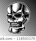 Retro skull in three-quarter view, not symmetrical, it looks obliquely with its eye sockets. Vector drawing is originally stylized as engraving, woodcut and ink hatching for emblem, sticker or mascot Retro skull in three-quarter view, not symmetrical, it looks obliquely with its eye sockets. Vector drawing is originally stylized as engraving, woodcut and ink hatching for emblem, sticker or mascot 118503170