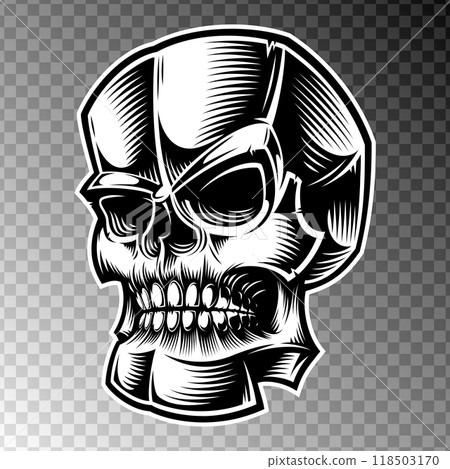 Retro skull in three-quarter view, not symmetrical, it looks obliquely with its eye sockets. Vector drawing is originally stylized as engraving, woodcut and ink hatching for emblem, sticker or mascot 118503170