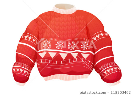 Cute winter warm knitted red sweater. Christmas sweater with festive winter ornament. Nordic jumper retro. Cute winter warm knitted red sweater. Christmas sweater with festive winter ornament. Nordic jumper retro. 118503462