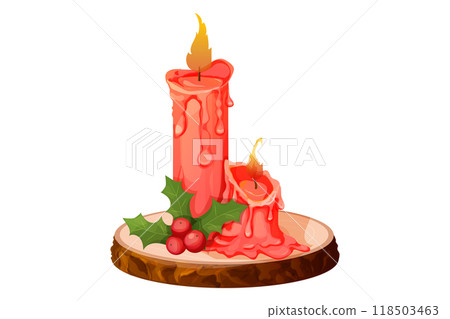 Wax, paraffin or soy candle on wooden holder red candlestick with fire, winter holiday flame light holiday magic decoration baw and festive leaves isolated on white background.  118503463