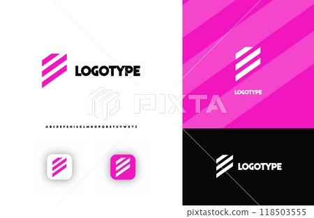 Bold diagonal stripes creating geometric shapes letter E logo for technology, finance, banking, cryptocurrency, corporate branding, architecture, construction, real estate. Vector illustration 118503555