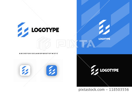Bold diagonal stripes creating geometric shapes letter G logo for technology, finance, banking, cryptocurrency, corporate branding, architecture, construction, real estate. Vector illustration 118503556