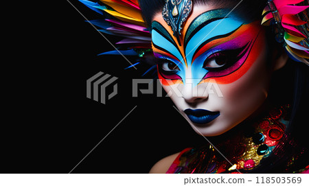 Close-up of a woman's face with colorful and unusual makeup Close-up of a woman's face with colorful and unusual makeup 118503569