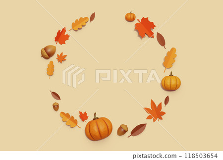 Thanksgiving pumpkins, acorns and fallen leaves circular frame background 3D graphics Thanksgiving pumpkins, acorns and fallen leaves circular frame background 3D graphics 118503654