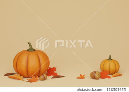 Thanksgiving pumpkins, acorns and fallen leaves 3D graphics Thanksgiving pumpkins, acorns and fallen leaves 3D graphics 118503655
