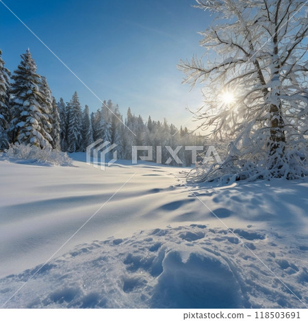 Snow forest illuminated by the morning sun 118503691