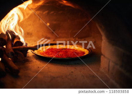 Pizza in a bread wood fired oven Pizza in a bread wood fired oven 118503858